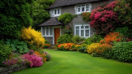 Obraz premium Charming Cottage Surrounded by Lush Garden with Vibrant Flowers and Green Lawn in Beautiful Nature Setting