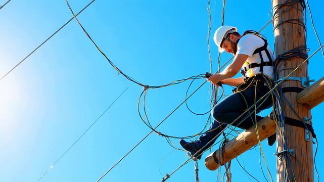 Electrician working on utility pole
