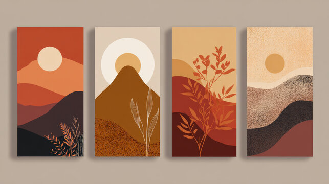 Gold Mountain wall art vector set. Earth tones landscapes backgrounds set with moon and sun.  Abstract Plant Art design for print, cover, wallpaper, Minimal and  natural wall art. 