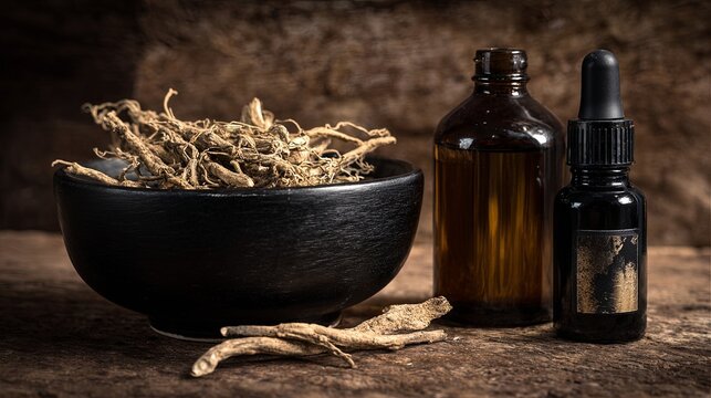 A bowl containing dried comfrey roots (Symphytum officinale) accompanied by bottles of comfrey infusion and tincture