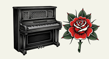 A black upright piano beside a red rose illustration on a plain background from a straight viewpoint © Steven