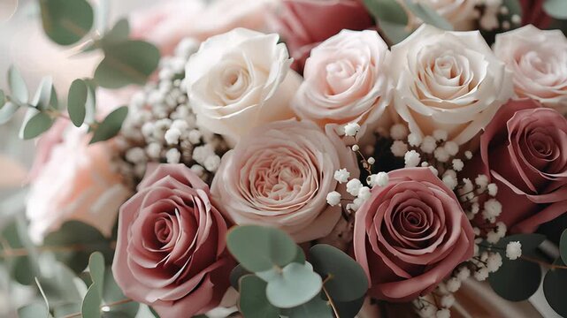 Close up of elegant wedding bouquet with roses and eucalyptus, soft pastel colors creating romantic floral arrangement for bridal ceremony decoration