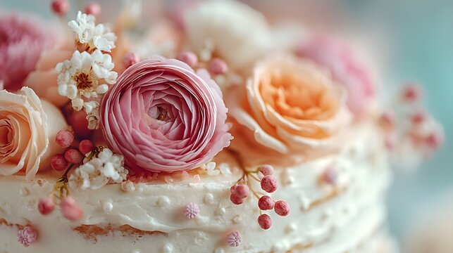 A cake with pink and orange flowers on top