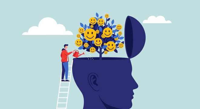 Man on ladder inserting ideas into a giant human head illustration from a side viewpoint