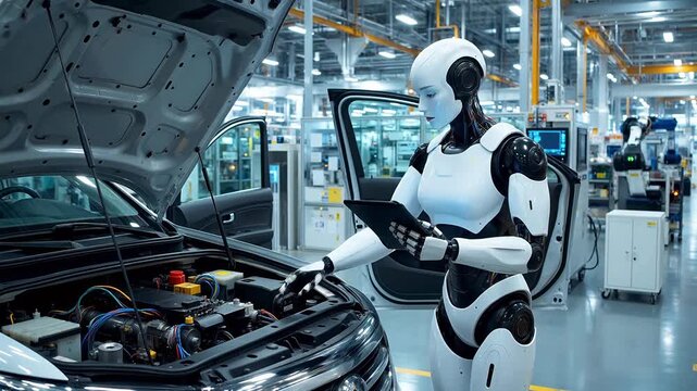 Robot inspecting car engine in factory