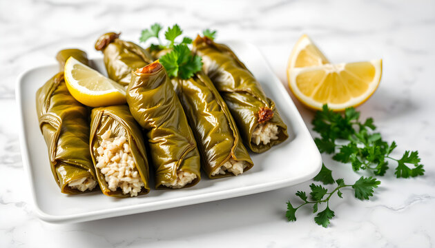 Lebanese vegan stuffed grape leaves on platter