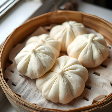 Vegan Tibetan tingmo steamed bread on bamboo basket