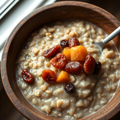 Vegan Tibetan tsampa porridge in wooden bowl with dried fruit