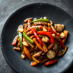 Vegan Tibetan shapta stir-fry on black stone plate