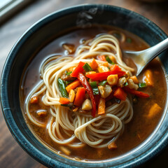 Vegan Uzbek lagman noodle soup in deep ceramic bowl