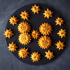 Vegan Tibetan khapse cookies arranged on dark slate