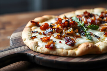 Vegan Alsatian tarte flamb&eacute;e on wooden paddle