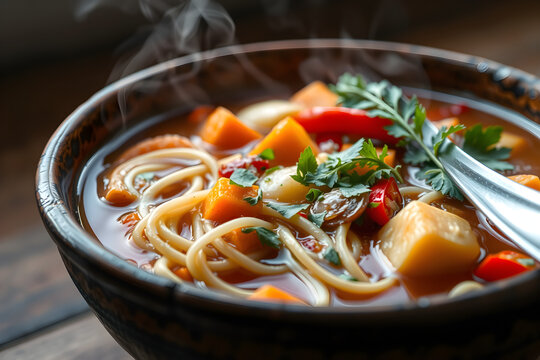 Vegan Uzbek lagman noodle soup in deep ceramic bowl