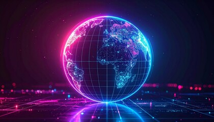 Obraz premium Futuristic glowing globe with digital grid overlay, vibrant neon hues, symbolizing global connectivity, technology, data visualization, and modern innovation.