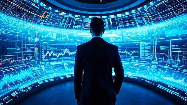 Man in suit viewing digital data displays