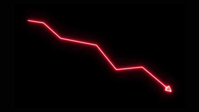 Glowing red neon line animation drawing a declining graph chart on a black background, financial loss, economic downturn, negative trend, or stock market crash