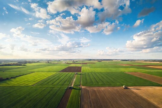 Expansive agricultural fields stretching under a clear blue sky with fluffy clouds