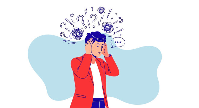 Man experiencing confusion and uncertainty standing with hands on face surrounded by question marks in a contemplative state