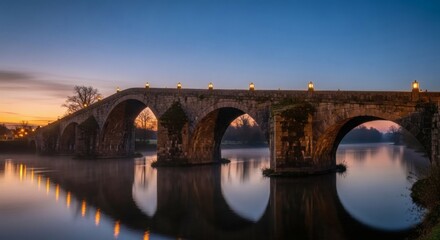 Obraz premium A serene stone bridge with multiple arches spans a calm river at sunset