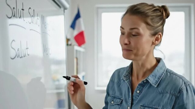 Female instructor writing on whiteboard while explaining concepts with engaging expressions and clear focus on educational content and teaching methods