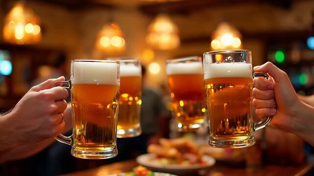 Hands holding beer mugs in a pub