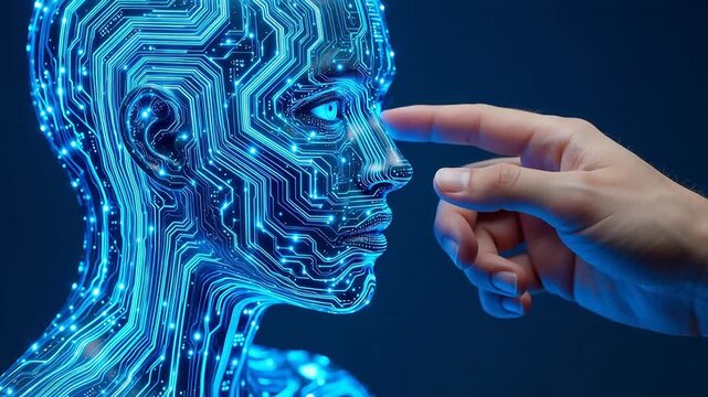 Human hand touching AI face