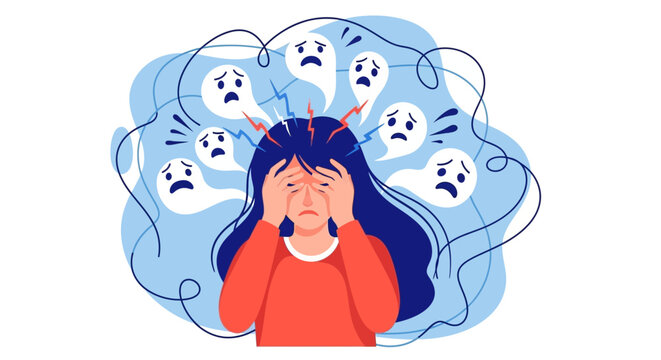 A young woman overwhelmed with negative thoughts and emotions swirling around her