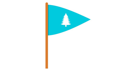 A blue flag with a white tree emblem waving gently on a brown pole from a high viewpoint