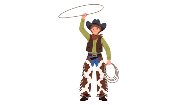 Cowboy skillfully twirling lasso in western illustration style
