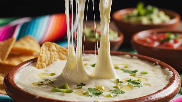 Tortilla chip dipping into melted white queso cheese dip 4K Video