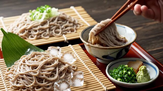 Traditional Japanese Soba Noodles Dipped in Sauce with Chopsticks 4K Video