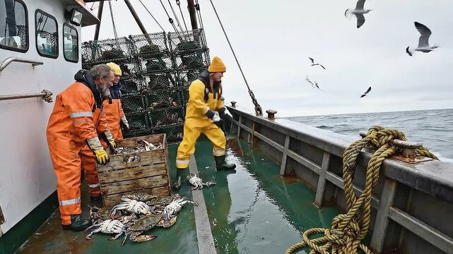 Fishermen working together on boat, sorting and handling crabs from wooden crate, showcasing teamwork and maritime activity on the ocean