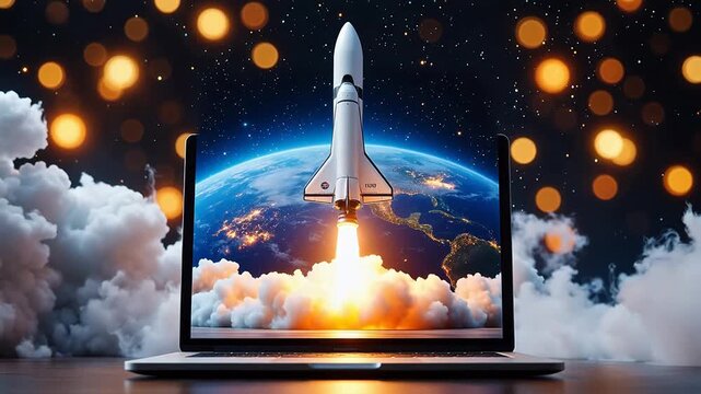 Laptop displaying rocket launch into space
