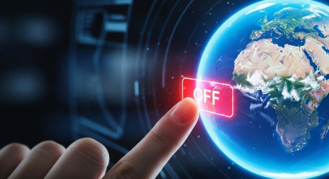 Finger pressing glowing red 'off' button on a futuristic digital interface symbolizing global shutdown or power control with a vibrant illuminated earth sphere in the background
