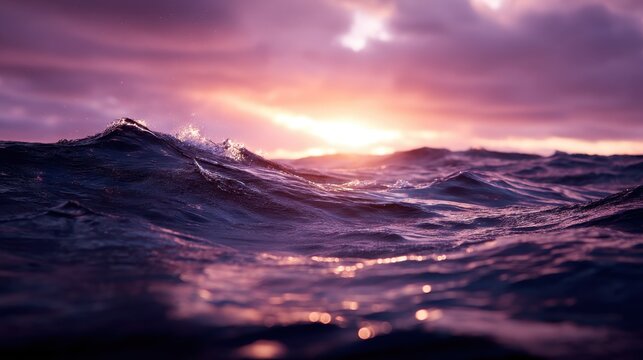 Serene Sunset Over Calm Ocean Waves with Vibrant Purple and Pink Sky Reflections for Tranquil Nature Photography Use