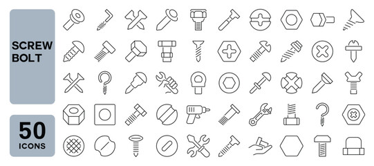 Set of 50 line icons related to screw bolt, nails, bolt, nuts, hardware, screws, fasteners, bolts, Editable stroke. Vector illustration