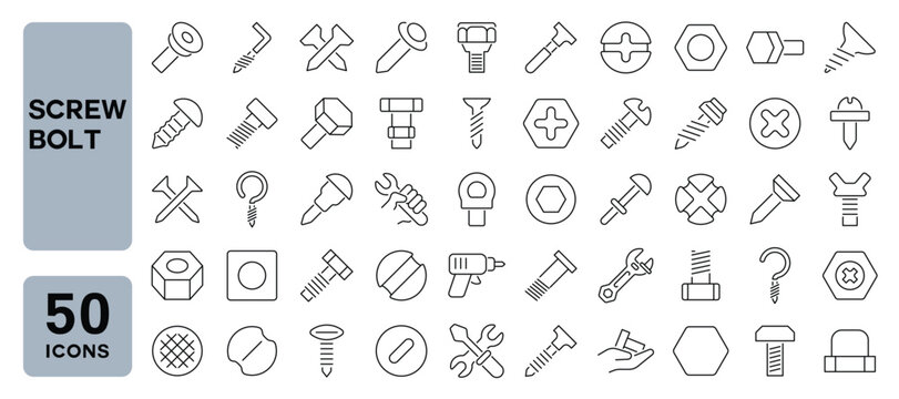 Set of 50 line icons related to screw bolt, nails, bolt, nuts, hardware, screws, fasteners, bolts, Editable stroke. Vector illustration
