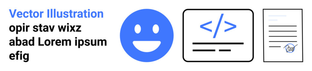 Fototapeta premium Communication, software development, authentication, validation, digital interaction, secure documentation. Smiling face icon, coding symbol and verified document. Communication and software