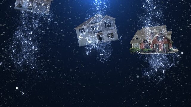 House Underwater Splashdown with Text 4K Loop features an underwater scene with houses splashing down and floating up with text revealed with the question House Underwater in a loop.