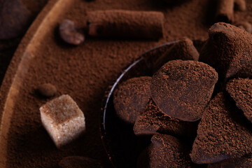 healthy delicious chocolate truffles around ingridients with natural cocoa beans,  powder.  macro