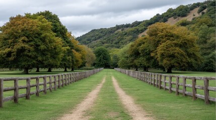 Scenic Pathway Through Lush Green Pastures and Vibrant Trees Embraced by Rolling Hills Under a Softly Clouded Sky