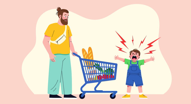A frustrated child throwing a tantrum beside a shopping cart with father standing nearby in a supermarket scene