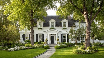 A spacious white luxury home set amidst a lush green lawn