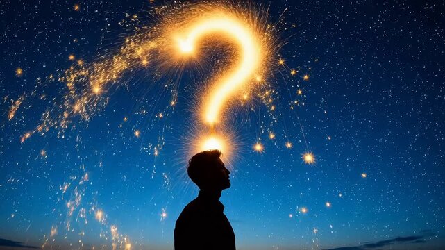 Silhouette of man with glowing question mark above head