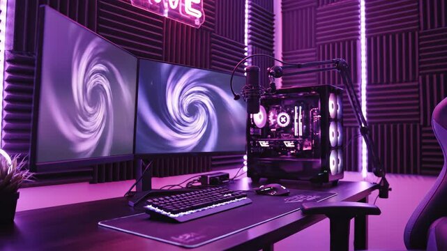 Modern gaming setup with neon lights, dual monitors, and high-performance computer for immersive gaming experience and streaming live online.