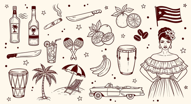 A vintage illustration collection featuring a woman surrounded by Cuban elements, cocktails, and beach scene icons