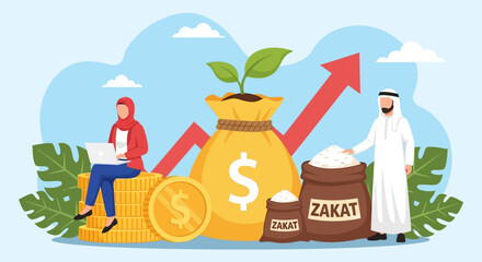 Man in traditional attire standing beside a large money bag with a growing plant and a chart showing an upward trend in financial transactions