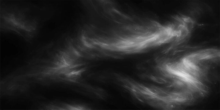Swirling black and white smoke textures blend into a dark stormy cloudscape with abstract lightning and blue light filtering through a moody fog