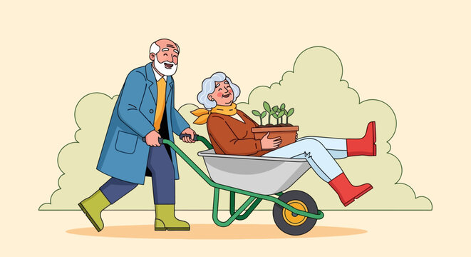 Elderly man pushing elderly woman in a wheelbarrow through a garden landscape from a low-angle viewpoint