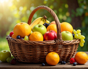 Healthy food concept: wicker basket filled with fresh fruits including apples, oranges, pears, grapes and berries. 